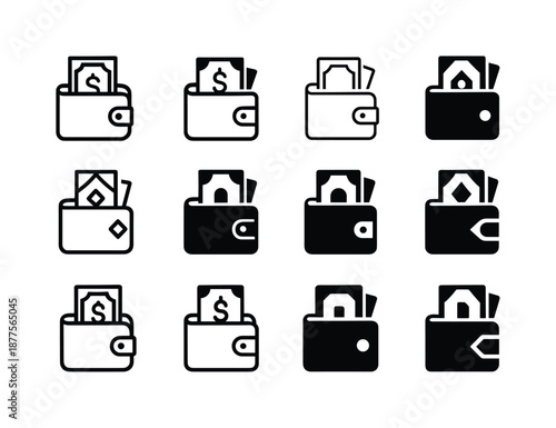 Cash Icon Variations. Counting cash. Icon set. Set Logo of counting cash: wallet with cash. harmonious logo variations of the same emblematic concept, each