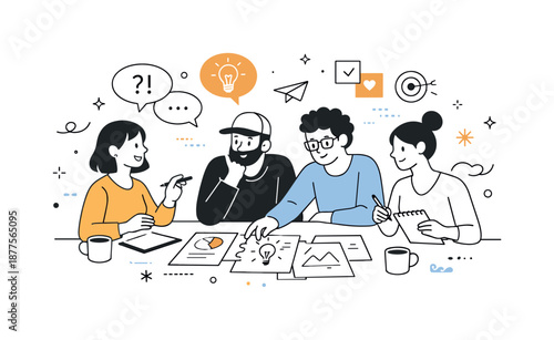 Creative Team Collaboration. Creative team discussion. Designers and strategists gathered around a table sharing sketches and ideas. Open collaborative mood