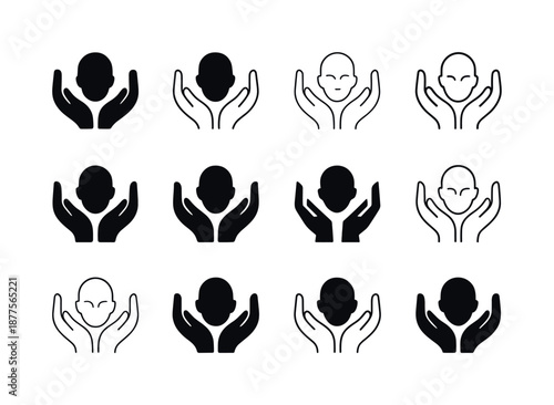 Quiet Reflection Icons. Quiet reflection. Icon set. Set Logo of quiet reflection: open hands at rest. harmonious logo variations of the same emblematic