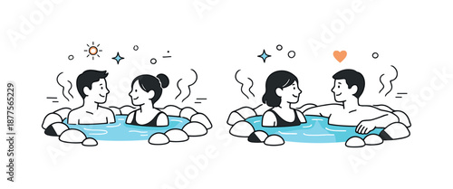 Hot Springs Serenity. People at hot springs together. Friends or couples sitting in warm water and talking quietly, relaxed mood and shared wellness