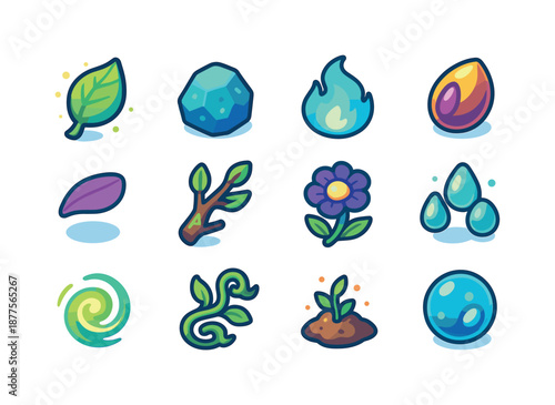 Mystic Nature Icons Set. Mystic nature. Colorful isometric vector icons set of mystic nature: glowing leaf, enchanted stone, spirit flame, magical seed,
