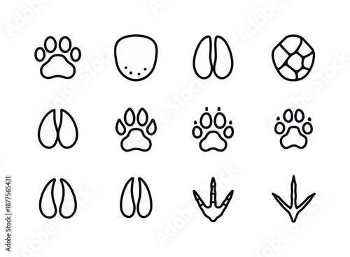 Savanna Animal Tracks Icons. Savanna Animal Tracks. Line icon set of Savanna Animal Tracks: lion paw, elephant footprint, zebra hoof, giraffe print, rhino