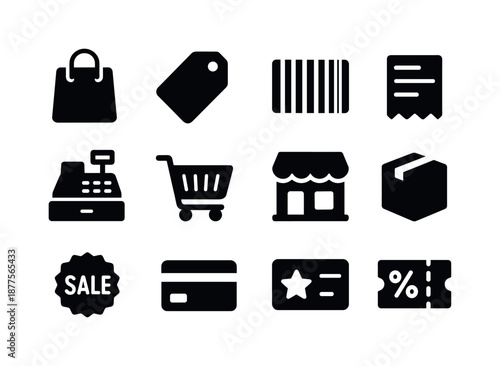 Retail Icons Set. Business-to-consumer (B2C) retail marketing. Solid icon set of retail basics: shopping bag, price tag, barcode, receipt, cash register,