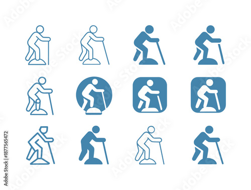 Senior Fitness Icons. Sports and fitness for seniors and elderly. Icon set. Set Logo of sports and fitness for seniors and elderly: balance training cone.
