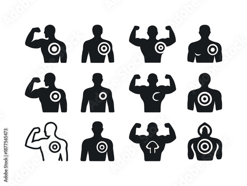 Fitness Target Icons. Fitness targets. Icon set. Set Logo of Fitness targets: Targeted muscle highlight: Negative space, Flat solid, Abstract geometric, Filled