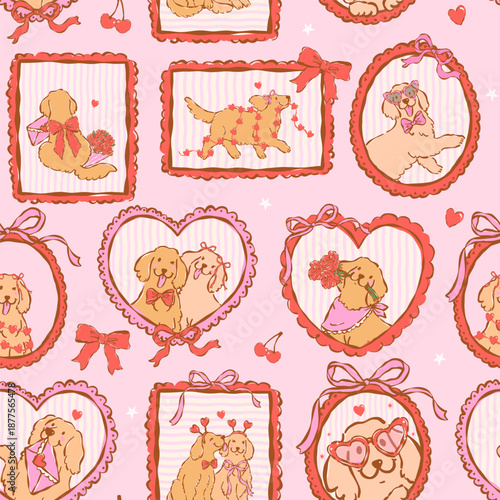 Whimsical valentine frames seamless pattern golden retriever dog hand drawn romantic repeat isolated on background