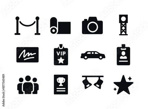 Red Carpet Icons. Red carpet event. Solid icon set of red carpet event: velvet rope stanchions, carpet roll, paparazzi camera, spotlight tower, autograph card,