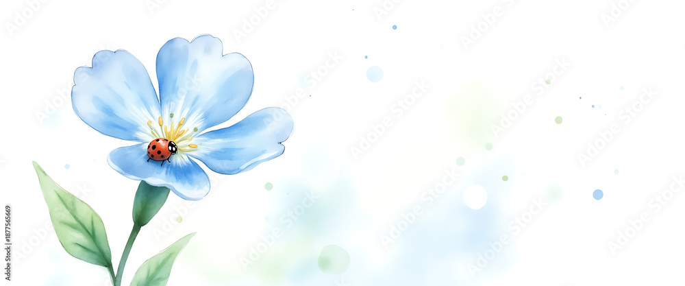Obraz premium Watercolor blue flower with tiny ladybug on petal and soft bokeh background dots for gentle nature greeting card design