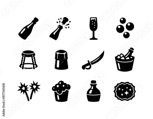 Sparkling Wine Icons. Sparkling wines. Solid icon set of sparkling wines: champagne bottle, popping cork, flute glass, bubbles icon, wine cage, bottle foil,