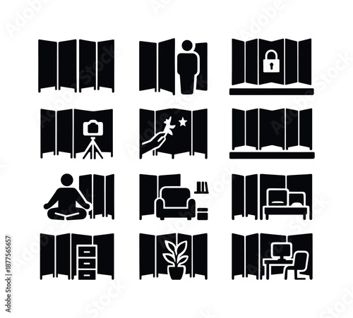 Folding Screen Icons. Folding screen usage. Solid icon set of folding screen usage: room divider icon, changing area, privacy symbol, backdrop icon, shadow