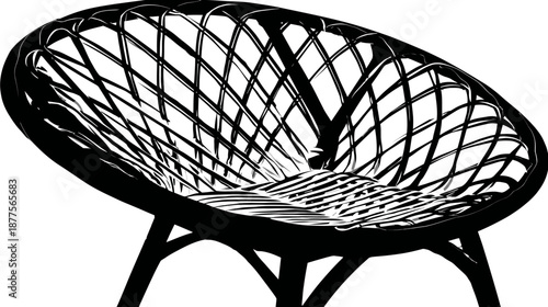 A black and white illustration of an oval-shaped wicker chair with four legs, isolated