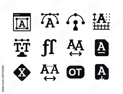 Advanced Typography Icons. Advanced type design. Solid icon set of advanced type design: glyph editor, vector handles, bezier curve, anchor points, kerning