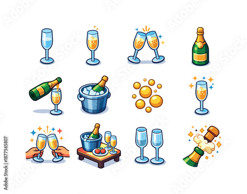 Champagne Celebration Icons. Champagne flute. Colorful isometric vector icons set of champagne flute: champagne flute glass, bubbling champagne, clinking
