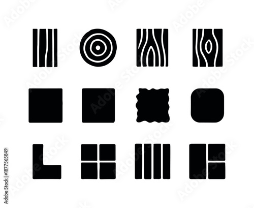 Wood Texture Icons. Wood textures. Solid icon set of wood textures: straight grain plank, crosscut wood circle, wave grain pattern, knot pattern, dark stain