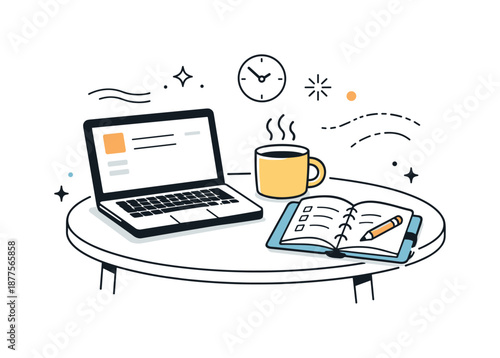 Calm Remote Workspace. Remote work daily routine. Calm home setup with a digital device, steaming mug and planner on a small table, conveying focus, quiet and