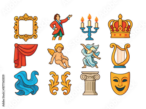 Baroque Icon Set. Baroque style. Colorful flat vector icons set of baroque style: ornate frame, dramatic pose, candlelight scene, golden crown, velvet drape,