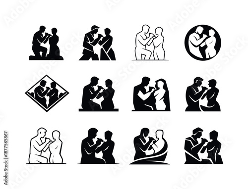 Creative Sculptor Icons. Sculptors shaping their creations. Icon set. Set Logo of Sculptors shaping their creations: sculptor working on marble statue.