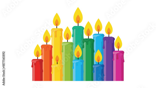 Rainbow colored candles burning brightly in a vibrant and cheerful arrangement perfect for celebrations and festive occasions with varying heights and melting wax