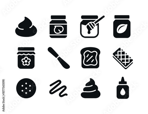 Sweet Spread Icons. Sweet spreads. Solid icon set of Sweet spreads: jam dollop, chocolate spread jar, honey jar, nut butter, marmalade jar, spread knife, toast