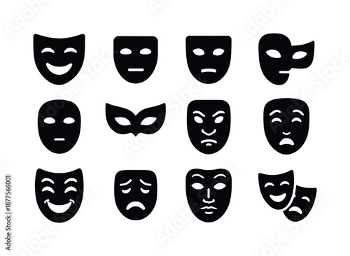 Diverse Theatrical Masks. Theatrical masks. Solid icon set of Theatrical masks: comedy mask, tragedy mask, neutral mask, half-mask, full-face mask, Venetian