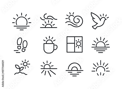 Sunrise Icon Set. Sunrise moments. Line icon set of Sunrise moments: soft sun, glowing horizon, fresh air swirl, rising bird, early footsteps, warm mug,