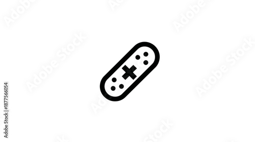Black and white illustration of a bandage with a plus sign and small circles on a white background
