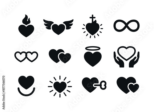 Heart Icon Set. Heart symbolism. Solid icon set of heart symbolism: heart and flame, heart wings, sacred heart, infinite love, heart chain, dual heart, halo