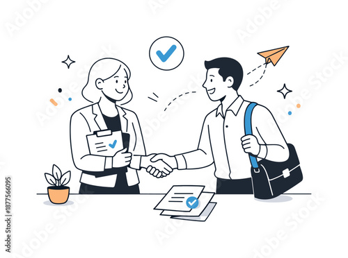 Successful Interview Outcome. Successful interview outcome. An HR manager shaking hands with a candidate, symbolizing agreement and next steps. Positive,