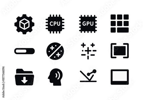 3D Workflow Icons. 3D rendering workflow. Solid icon set of 3D rendering workflow: render engine icon, CPU icon, GPU icon, tile render pattern, progress bar,