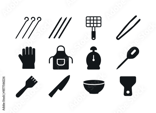 Shrimp Skewer Tools Icons. Shrimp skewer tools. Solid icon set of shrimp skewer tools: metal skewers, wooden skewers, grill basket, tongs, heat glove, apron,