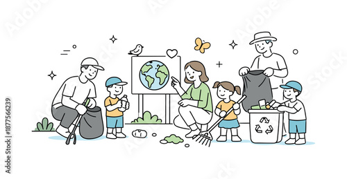 Community Clean-Up. Community clean-up family help. Adults and children cleaning an outdoor area together. Educational moment and warm community connection.