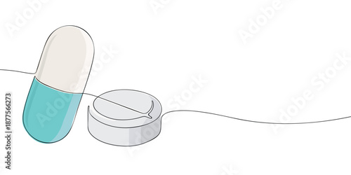 Minimal illustration of a capsule pill and a round tablet, representing pharmaceutical medication used for medical treatment supplements and everyday healthcare.