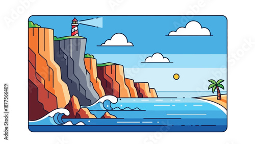 Serene coastal landscape with a lighthouse on a cliff overlooking the ocean and a small island with a palm tree in the distance under a clear blue sky