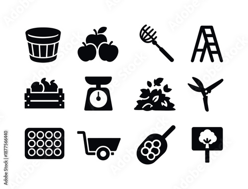 Harvest Icons Collection. Harvest time. Solid icon set of harvest time: bushel basket, ripe apples, picking tool, ladder icon, crate of fruit, weighing scale,