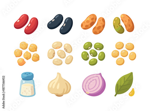 Colorful Bean Ingredients. Bean Ingredients. Colorful flat vector icons set of Bean Ingredients: raw kidney beans, raw black beans, raw pinto beans, dried