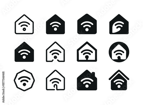 Smart Home Icons. Home Automation. Icon set. Set Logo of home automation: smart home hub. harmonious logo variations of the same emblematic concept, each with