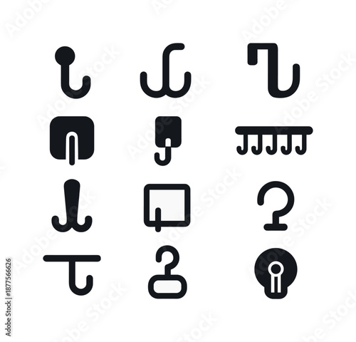 Closet Hook Icons. Closet hooks. Solid icon set of closet hooks: single hook, double hook, over-the-door hook, adhesive wall hook, retractable hook, hook rail,