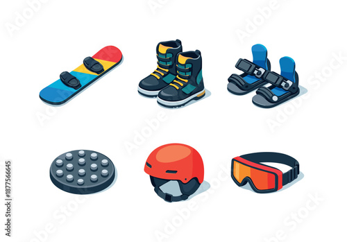 Snowboard Gear Icons. Snowboard Gear. Isometric flat vector icons set of Snowboard Gear: freestyle snowboard, snowboard boots, ratchet bindings, stomp pad,
