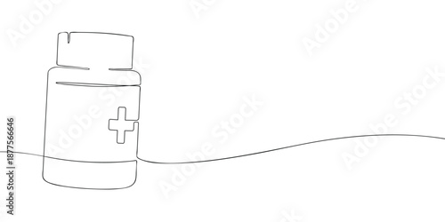Minimal line illustration of a medicine bottle with a medical cross symbol, commonly used for storing pills supplements and pharmaceutical products.