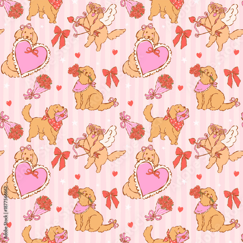 Whimsical valentine seamless pattern golden retriever dog hand drawn romantic repeat background