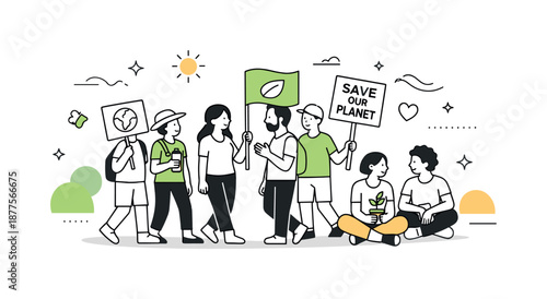 Peaceful March Outcome. Eco activism march outcome. Crowd slowing down after the march, calm mood and sense of shared purpose with abstract decorative shapes