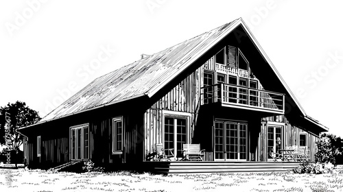 A grayscale illustration of a large house with a high-pitched roof and a balcony