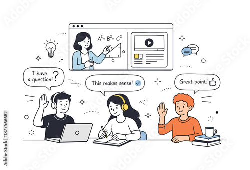 Virtual Classroom Harmony. Remote learning session. Students attending an online class with dialog bubbles and shared screens. Friendly engagement, clarity,