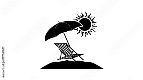 Black silhouette of a beach scene including a beach chair, umbrella, and the sun