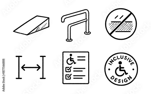 Accessibility icons set: ramps, barriers, inclusive design symbols in linear style