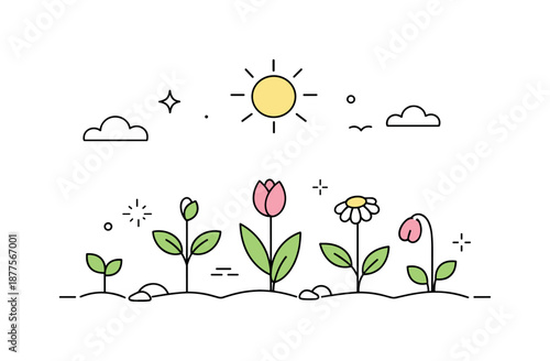 Spring's Gentle Awakening. Blooming ahead. A minimal garden scene with flowers in early stages of growth and soft sunlight above. Peaceful preview of spring