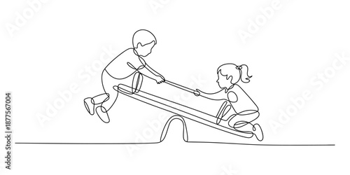 Continuous line drawing of two happy children enjoying a classic seesaw at the playground