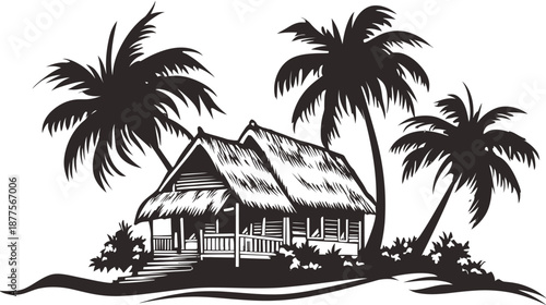 A tropical scene featuring a thatched roof structure between palm trees and coastal plants