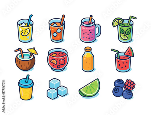 Colorful Summer Drinks. Summer drinks. Colorful isometric vector icons set of summer drinks: lemonade glass, iced tea cup, smoothie jar, mojito glass, coconut