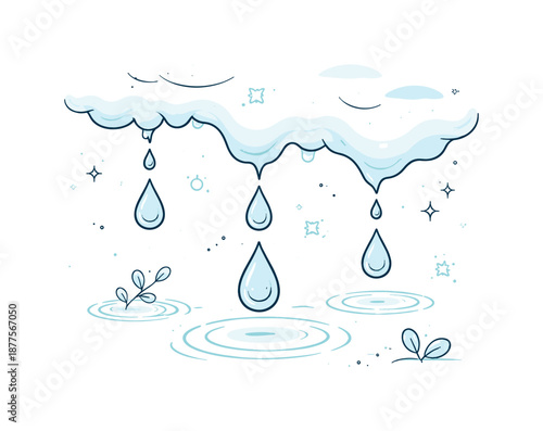 Snow Dripping Silence. Melting snow detail. Close-up style composition of snow edges dripping into water drops. The illustration feels quiet, minimal, and